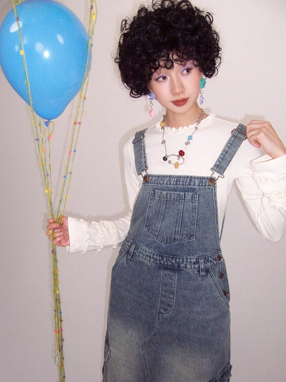 Loose denim suspender skirt【s0000009796】