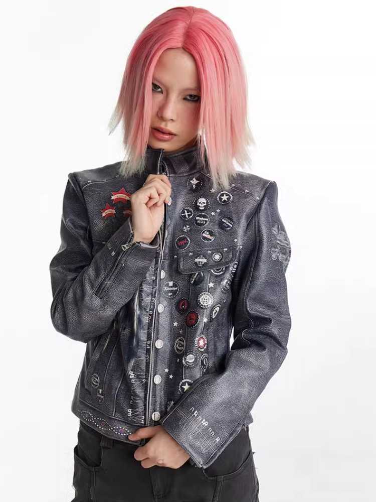 Retro distressed punk leather jacket【s0000010429】