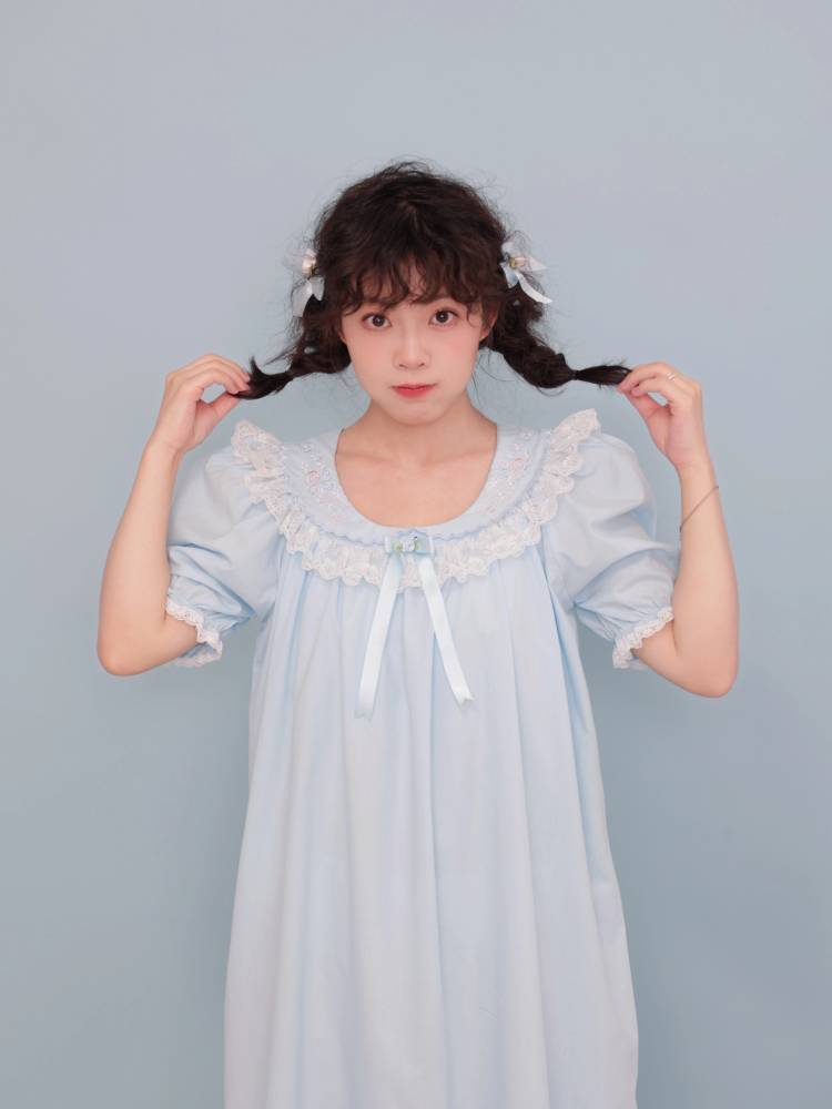 Antique girly floral embroidered light blue dress【s0000009502】