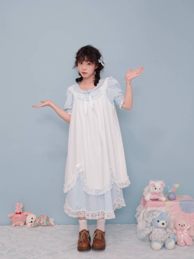 Antique girly floral embroidered light blue dress【s0000009502】