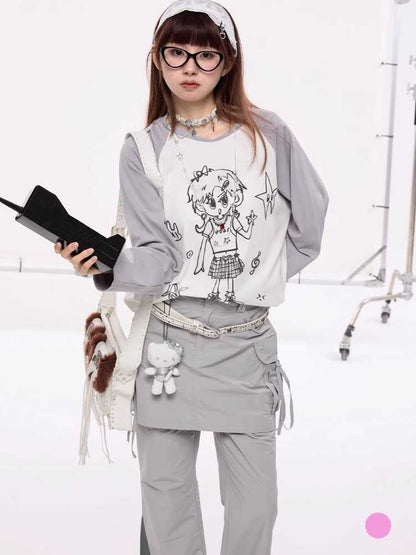 Hand -drawn Girly Print Long-Sleeed T-Shirt [S0000010420]