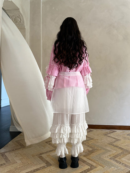 Pink checkered lace trim long-sleeved shirt【s0000012761】