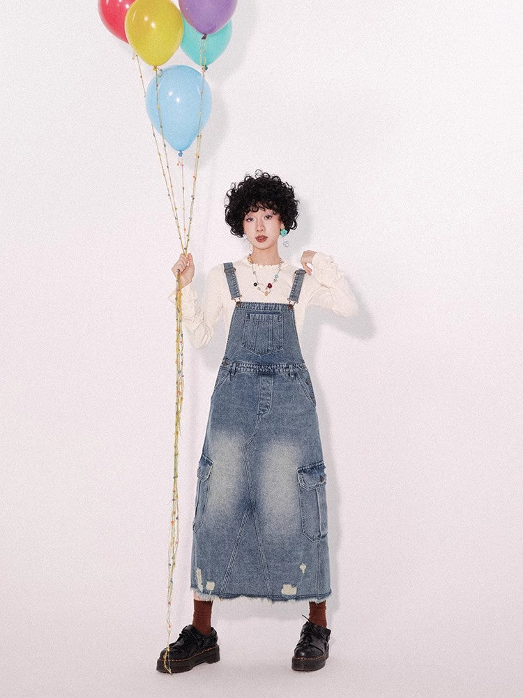 Loose denim suspender skirt【s0000009796】