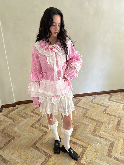 Pink checkered lace trim long-sleeved shirt【s0000012761】