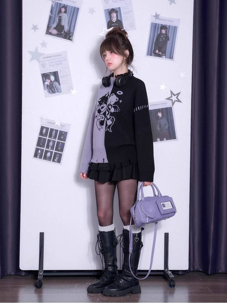 Black and purple loose sweater【s0000011298】