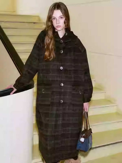 RETRO PLAID HOODED WOOL COAT [S0000010800]