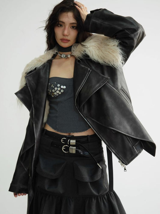 FAKE TWO PIECE PU Leather FUR JACKET [S0000010925]