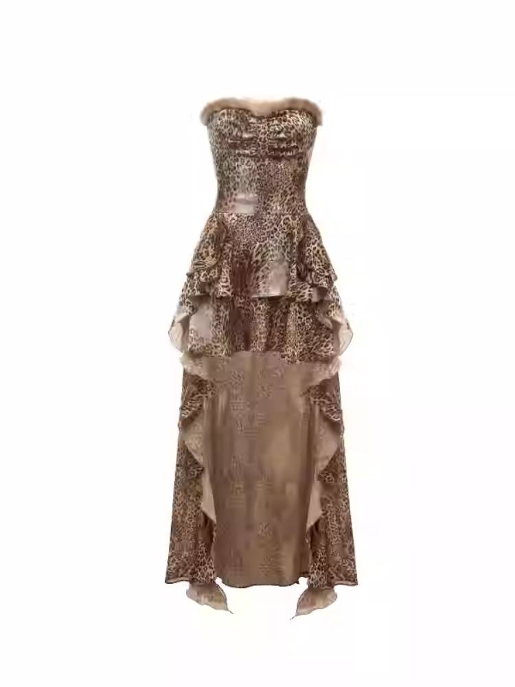 Leopard print chiffon tube top dress【s0000011401】