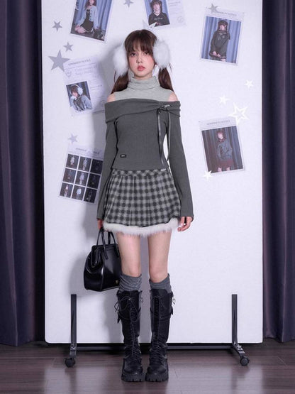 One-shoulder fake two-piece knit top【s0000011278】