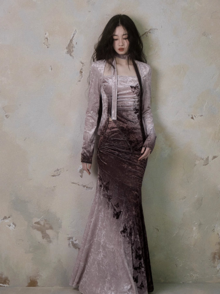 Gradient butterfly velvet top and skirt【s0000006402】