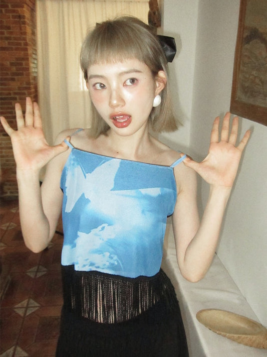 Blue Butterfly Print Mesh Tassel Camisole【s0000001934】