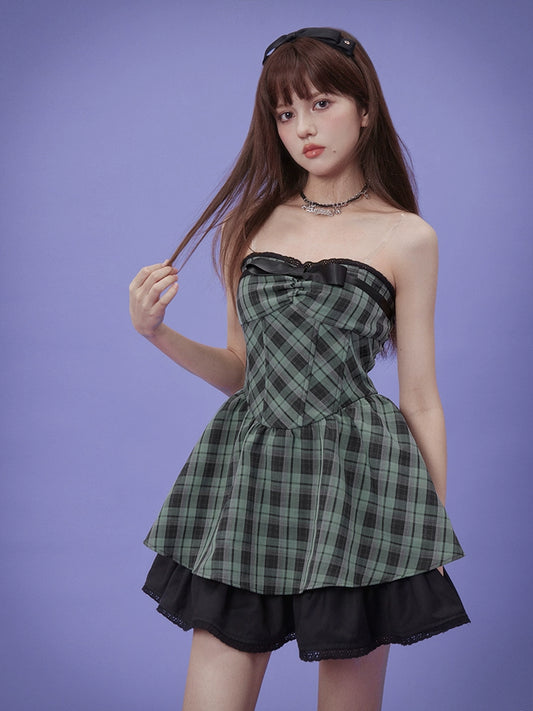 Plaid ribbon tube top dress【s0000008898】