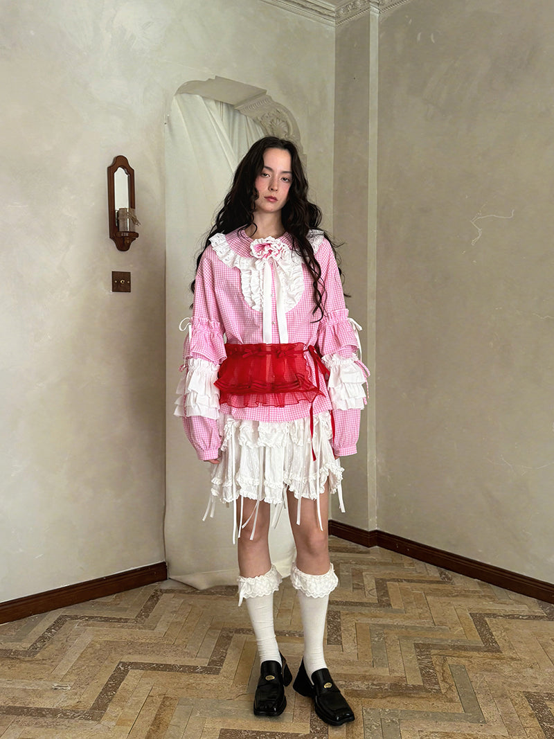 Pink checkered lace trim long-sleeved shirt【s0000012761】