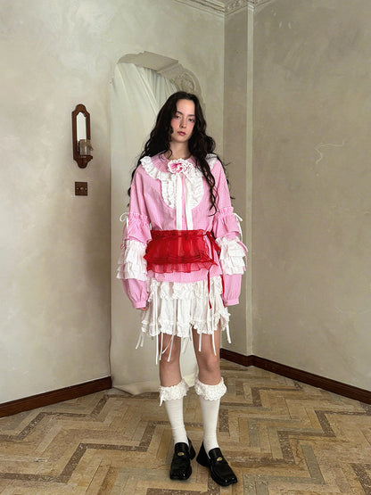 Pink checkered lace trim long-sleeved shirt【s0000012761】