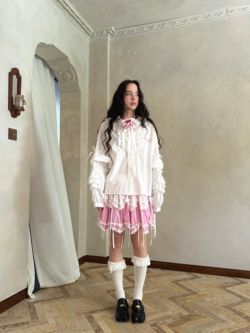 Pink checkered lace trim long-sleeved shirt【s0000012761】