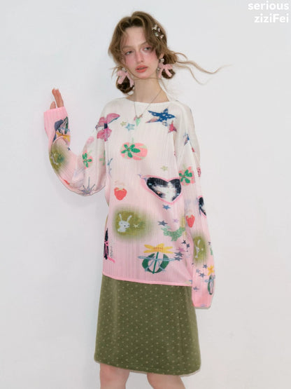 Playful Prints Girly Lazy Pink Pleated Long-Sleeve T-shirt【s0000018752】