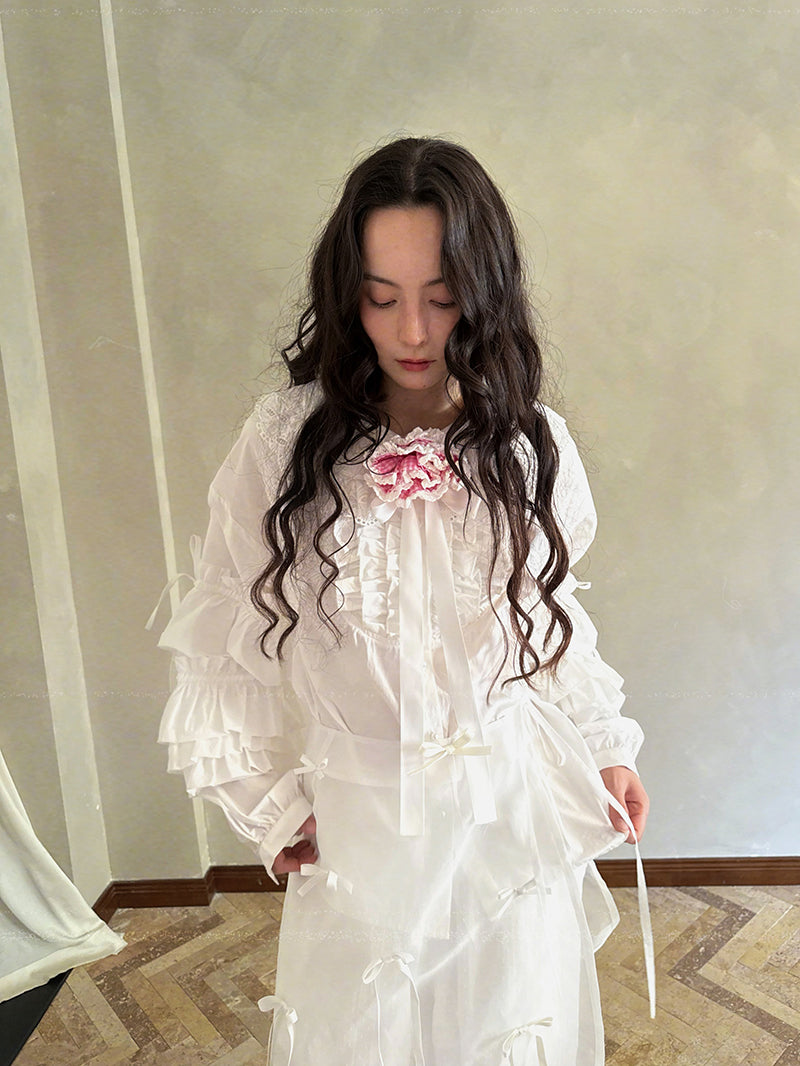 Pink checkered lace trim long-sleeved shirt【s0000012761】