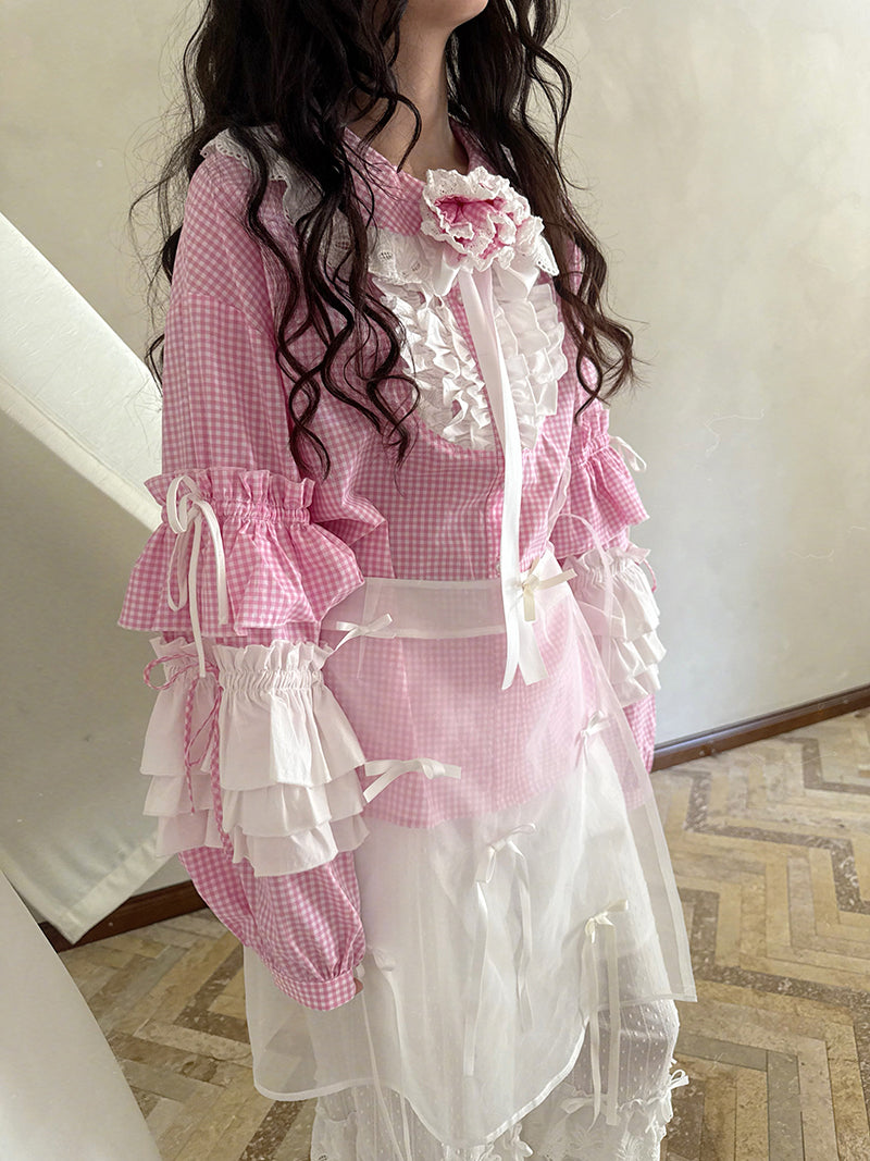 Pink checkered lace trim long-sleeved shirt【s0000012761】