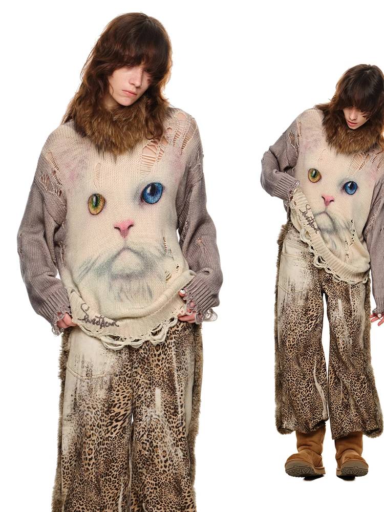 Cat print round neck loose top【s0000011374】