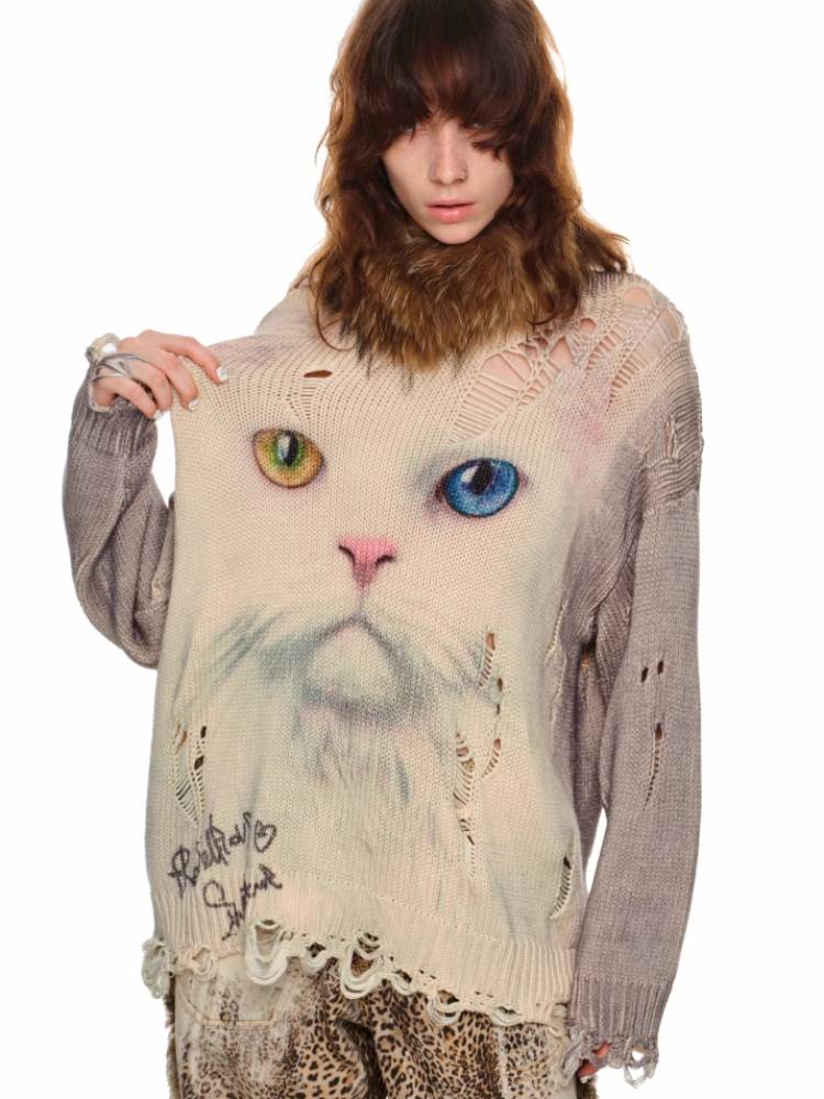 Cat print round neck loose top【s0000011374】