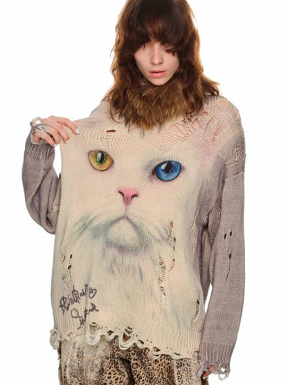 Cat print round neck loose top【s0000011374】