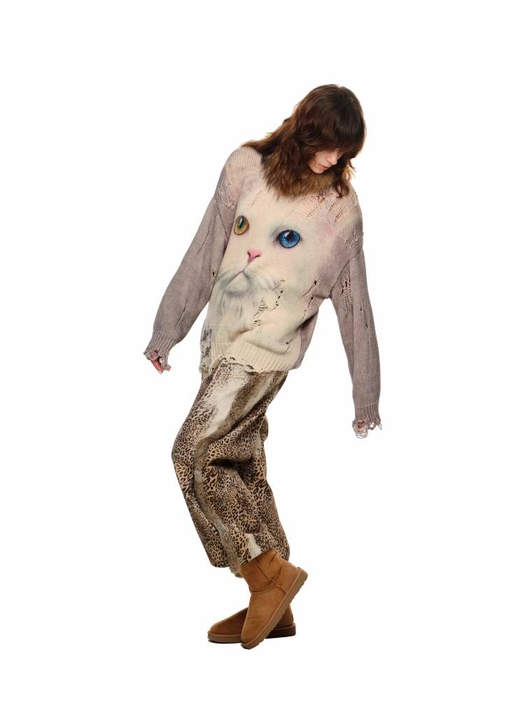 Cat print round neck loose top【s0000011374】