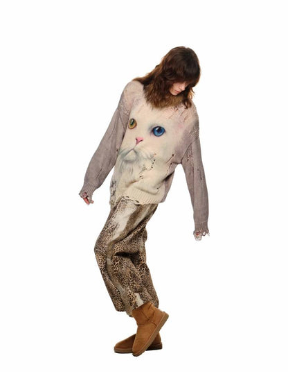 Cat print round neck loose top【s0000011374】