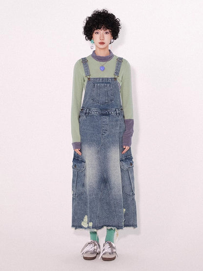 Loose denim suspender skirt【s0000009796】