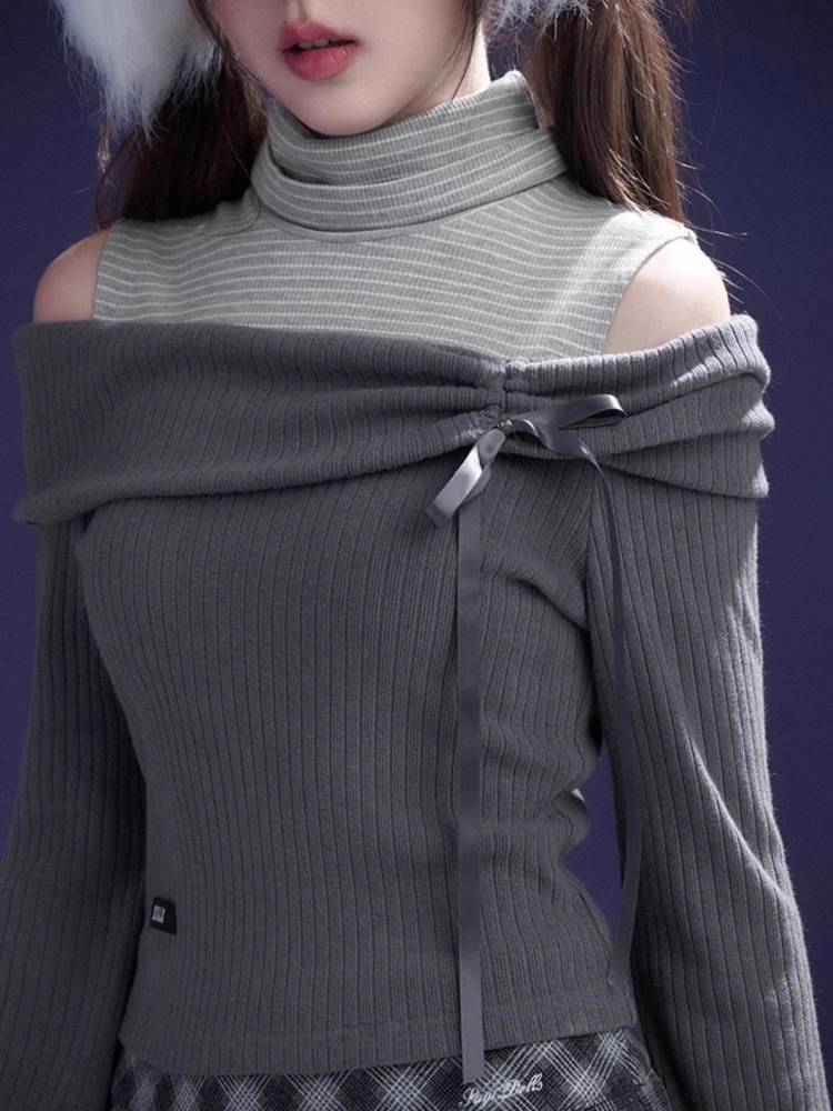 One-shoulder fake two-piece knit top【s0000011278】