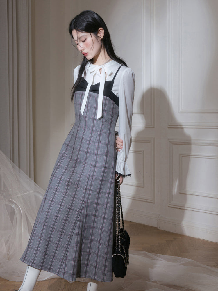 Plaid dress + pullover shirt set【s0000007222】