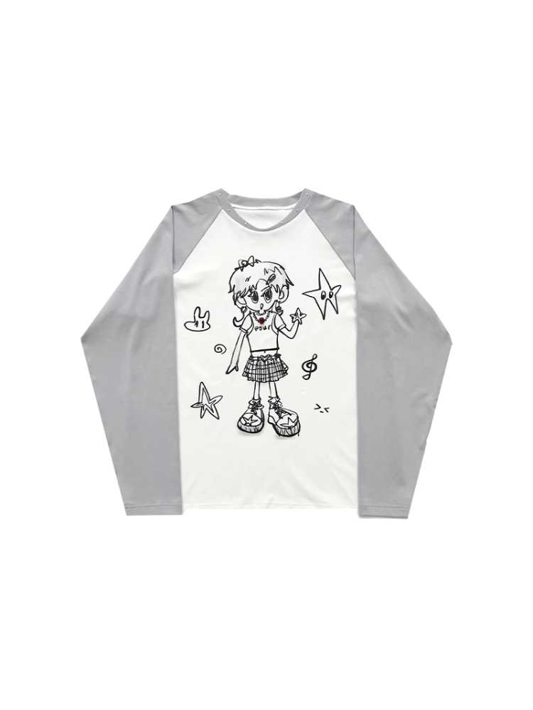 Hand -drawn Girly Print Long-Sleeed T-Shirt [S0000010420]