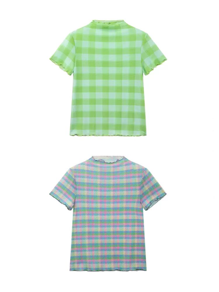 PLAID MESH LACE SHORT SLEEVE TOPS [S0000009055]