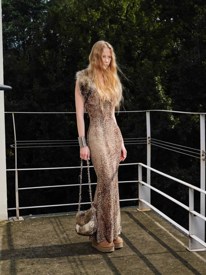 Leopard print V-neck suspender dress【s0000011400】