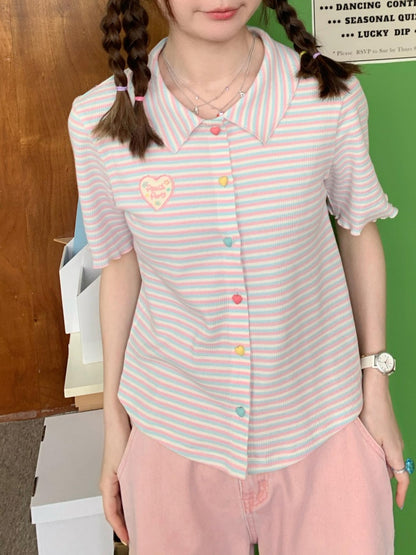 Colorful Knit Stripe Heart Button Short Sleeve T-shirt【s0000002367】