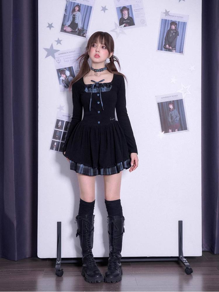 Plaid long sleeve knit dress【s0000011282】