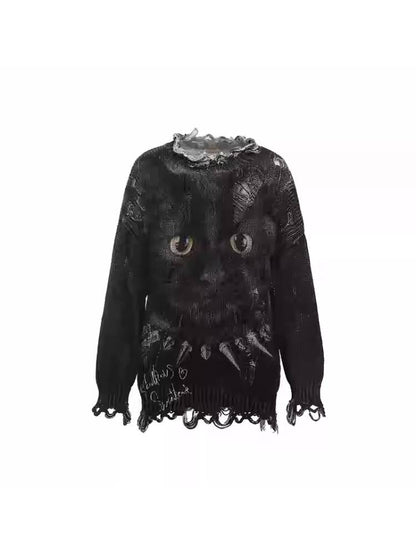 Cat print round neck loose top【s0000011374】