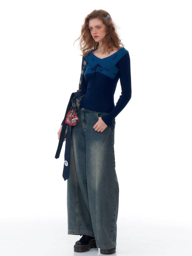 Retro slim fit V-neck sweater【s0000011044】