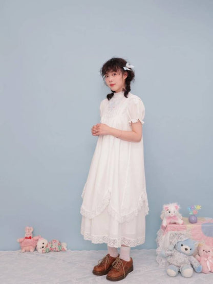 Antique girly pleated embroidery white dress【s0000009498】