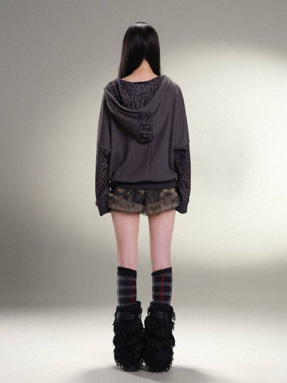 표범 프린트 하트 후드 느슨한 니트 탑 【S000011456】