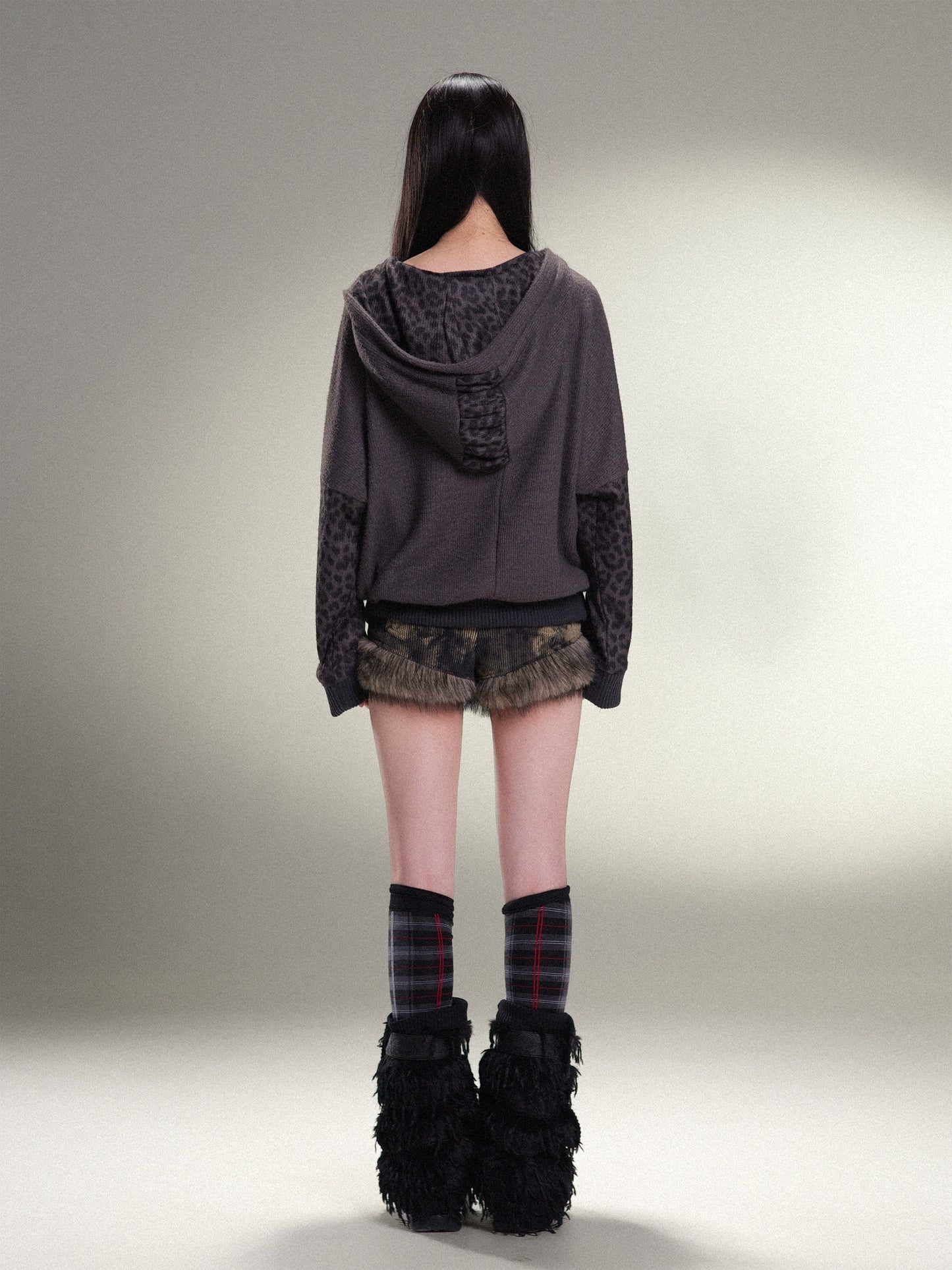 표범 프린트 하트 후드 느슨한 니트 탑 【S000011456】