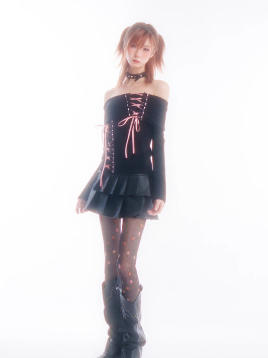 Lace strap one shoulder knit【s0000005650】