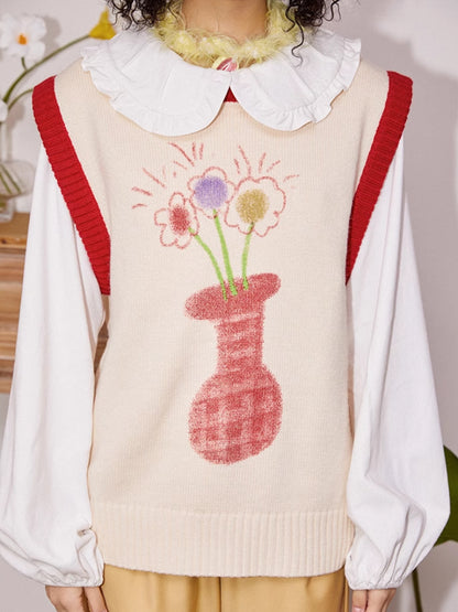 Vase print loose knit vest【s0000006550】
