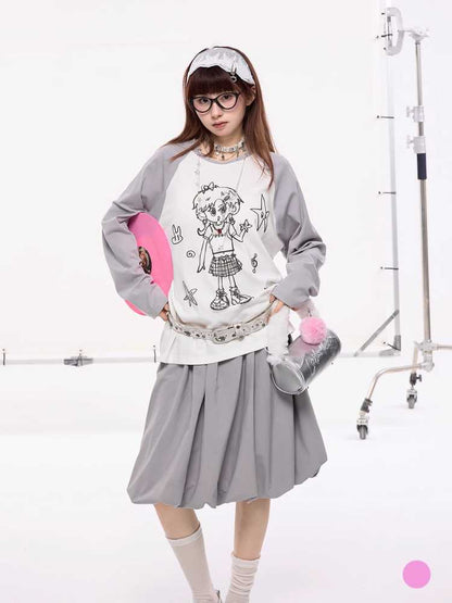 Hand -drawn Girly Print Long-Sleeed T-Shirt [S0000010420]