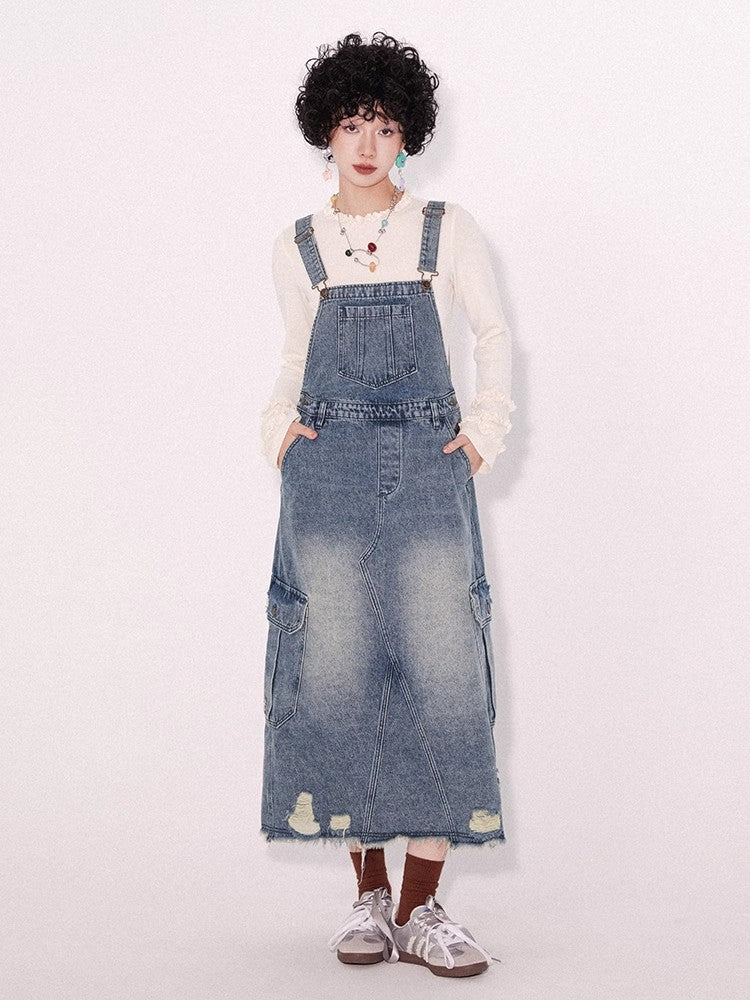 Loose denim suspender skirt【s0000009796】