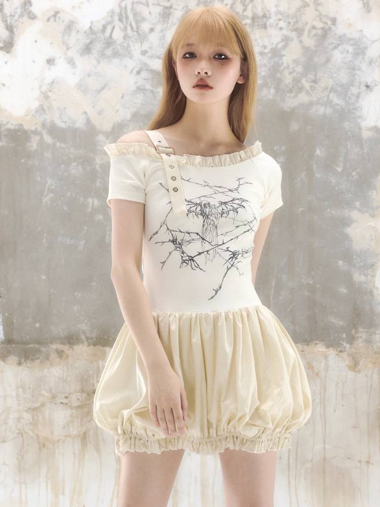 Printed off-the-shoulder dress【s0000009338】