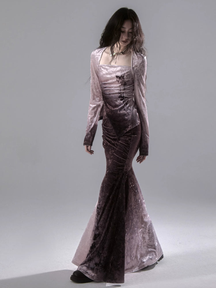 Gradient butterfly velvet top and skirt【s0000006402】