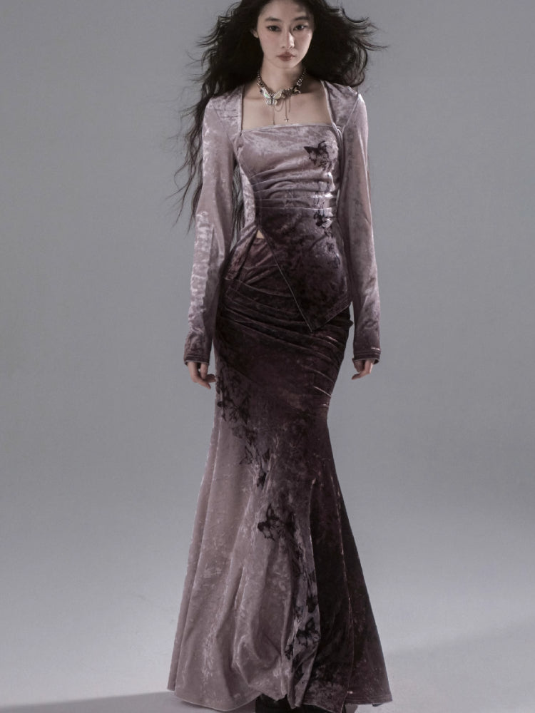Gradient butterfly velvet top and skirt【s0000006402】