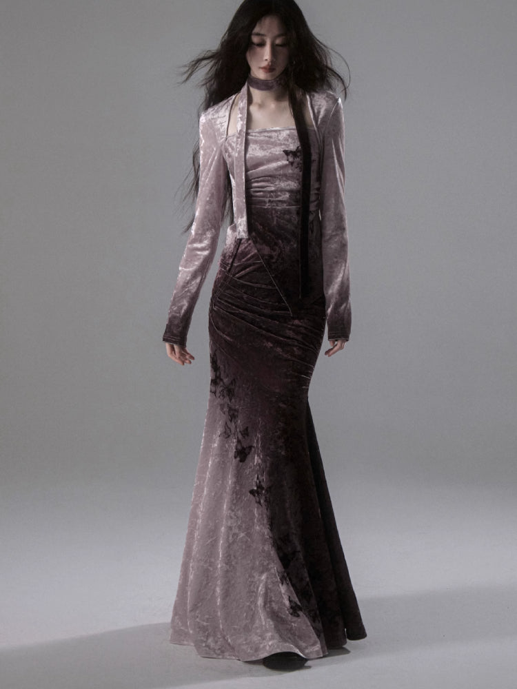 Gradient butterfly velvet top and skirt【s0000006402】