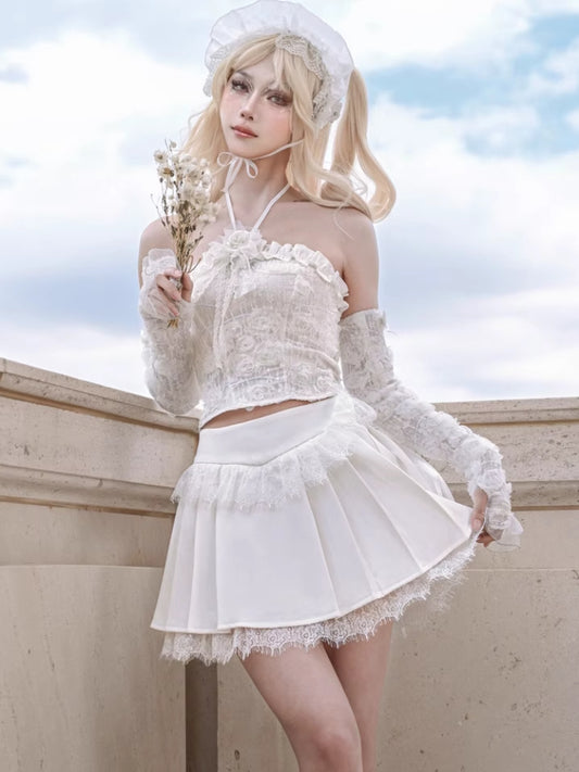 Flower lace halter neck ruffle tube top【s0000005558】