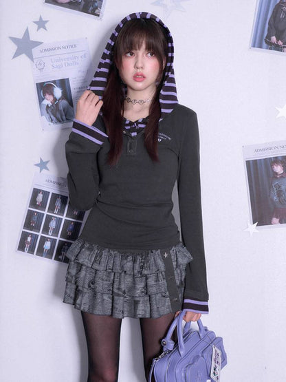 Fake two-piece long sleeve hooded T-shirt + skirt【s0000011090】
